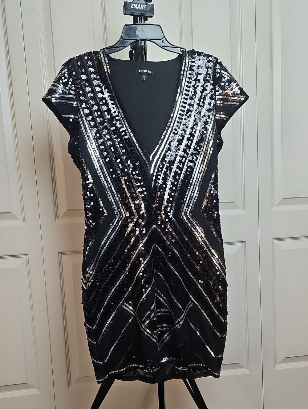 Express Black Sequin Mini Dress with Silver Accents